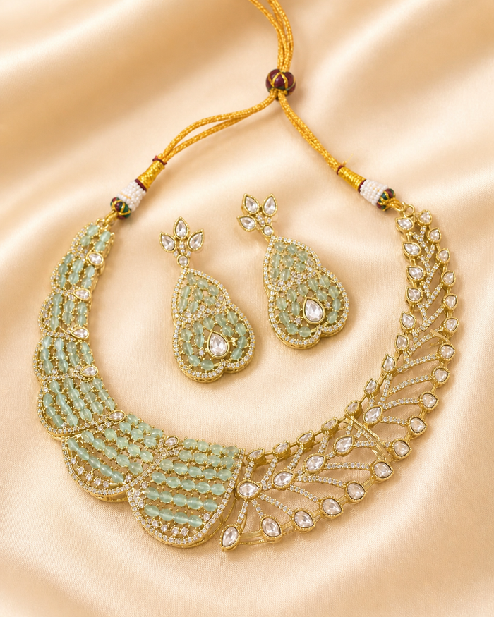Majestic Emerald Green Kundan Necklace Set with Polki Accents - alternate view