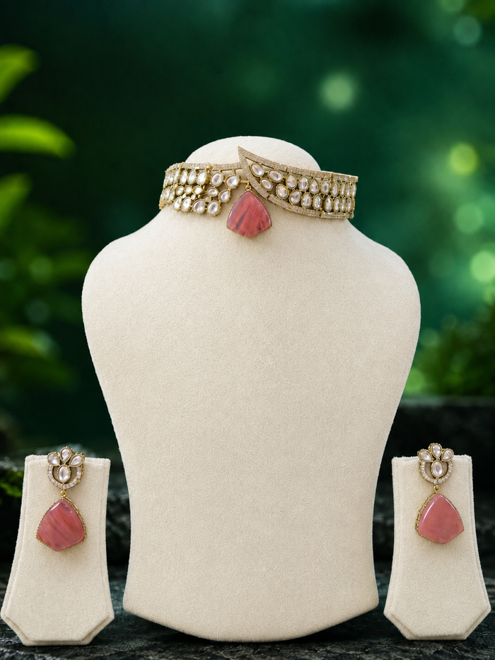 Luxe Rhodium Plated Choker Set with Marbled Teardrop Statement Stone - alternate view