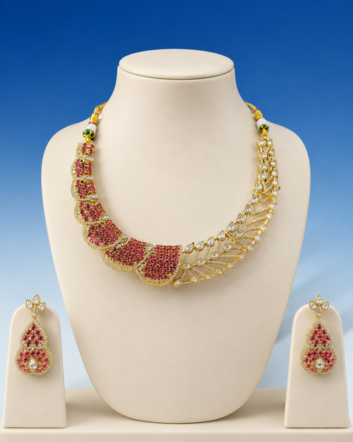 Radiant Ruby and Gold Leaf Motif Statement Necklace Set - alternate view