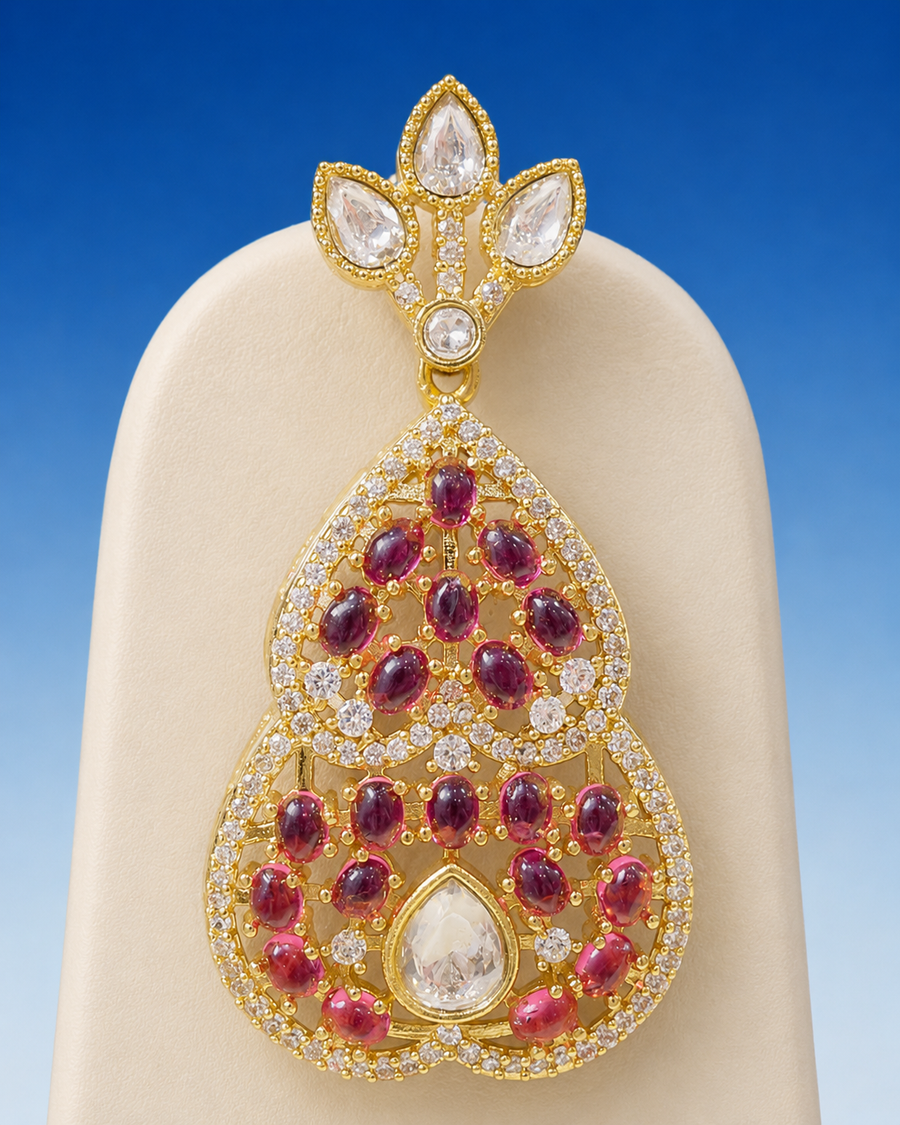 Radiant Ruby and Gold Leaf Motif Statement Necklace Set