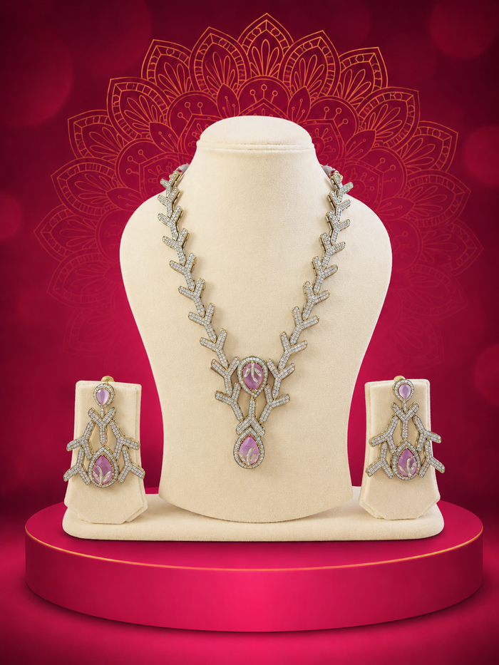 Chic Gold-Plated Branch Necklace Set with Soft Rose Pink Accents - alternate view
