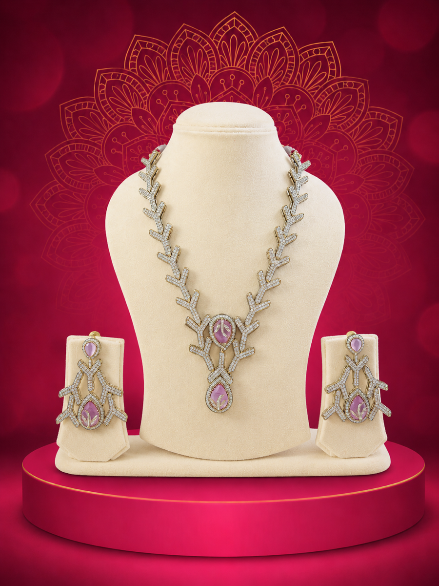 Chic Gold-Plated Branch Necklace Set with Soft Rose Pink Accents