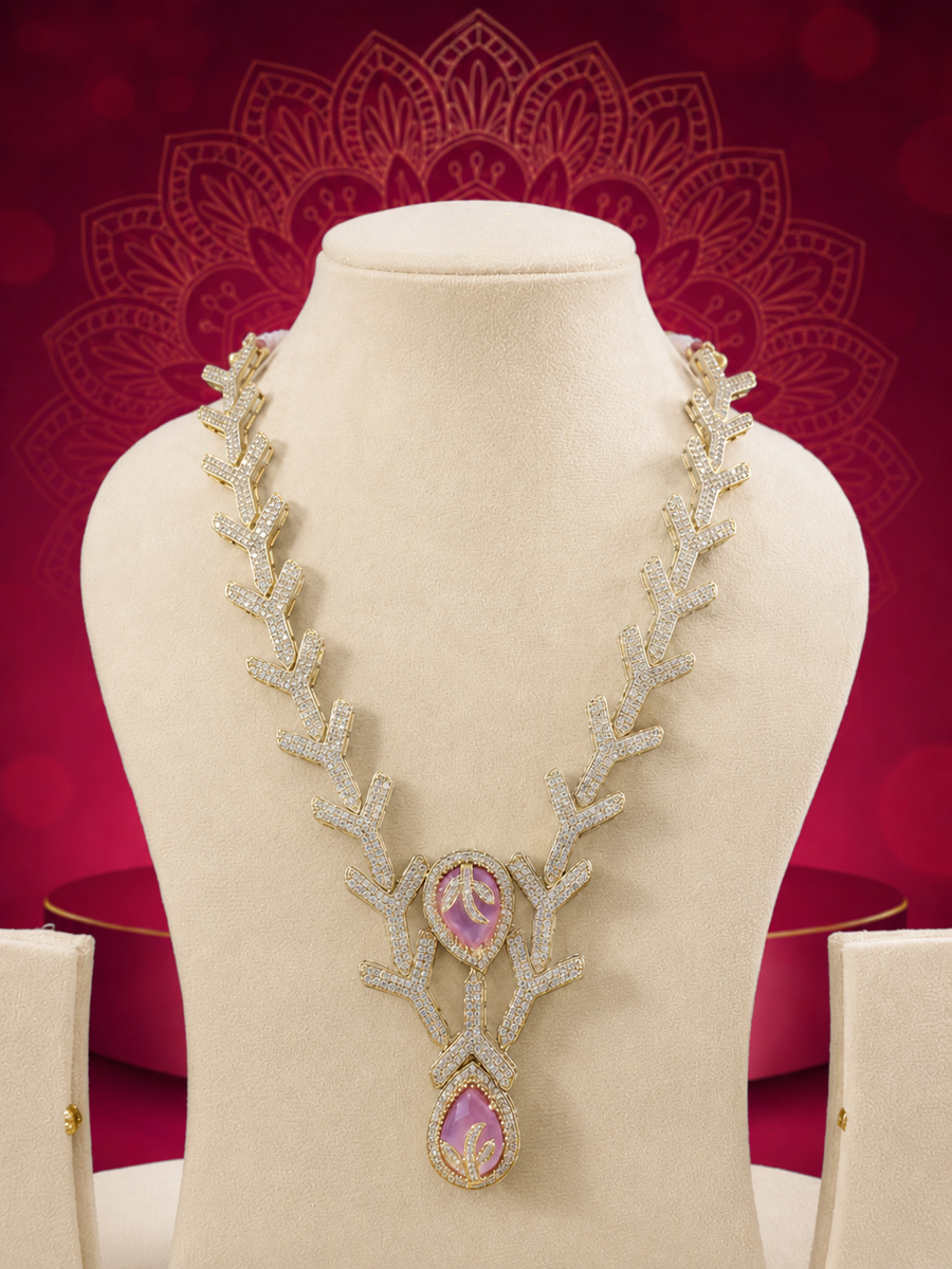 Chic Gold-Plated Branch Necklace Set with Soft Rose Pink Accents