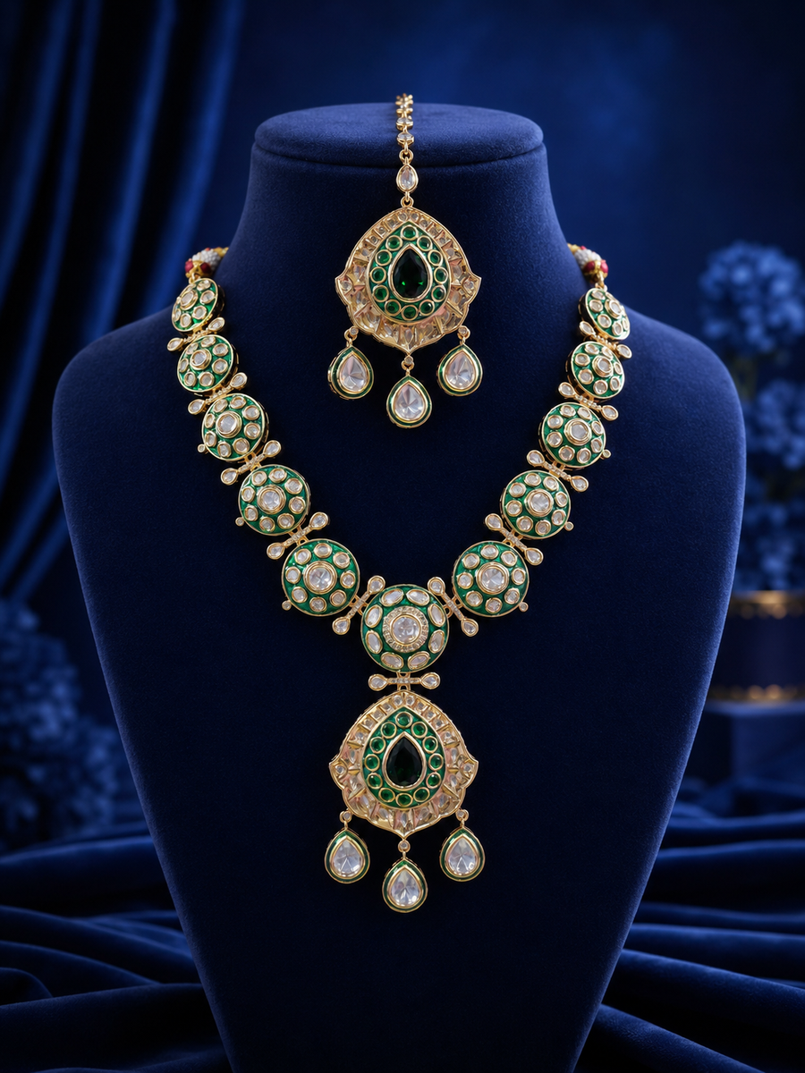 Majestic Green Meenakari Kundan Necklace Set with Matching Maang Tikka