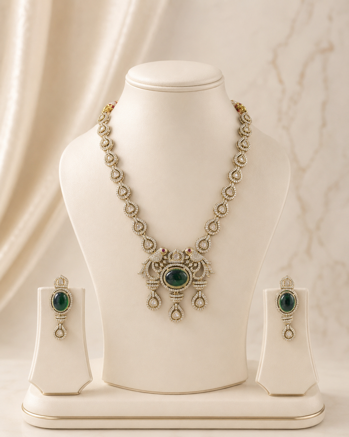 Regal Emerald Green Peacock Motif Long Necklace Set with Traditional Kundan