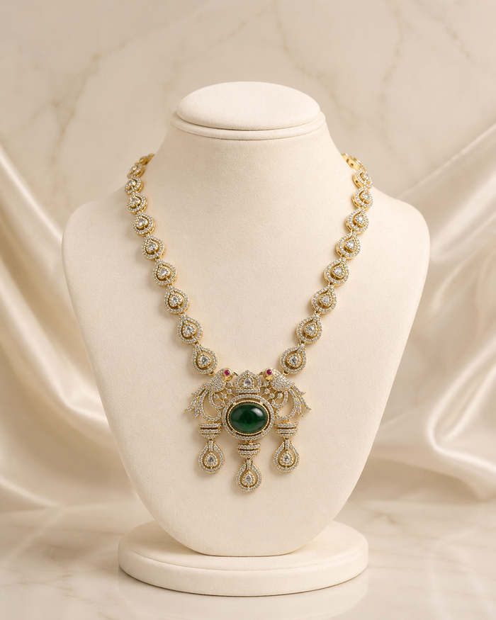 Regal Emerald Green Peacock Motif Long Necklace Set with Traditional Kundan - alternate view