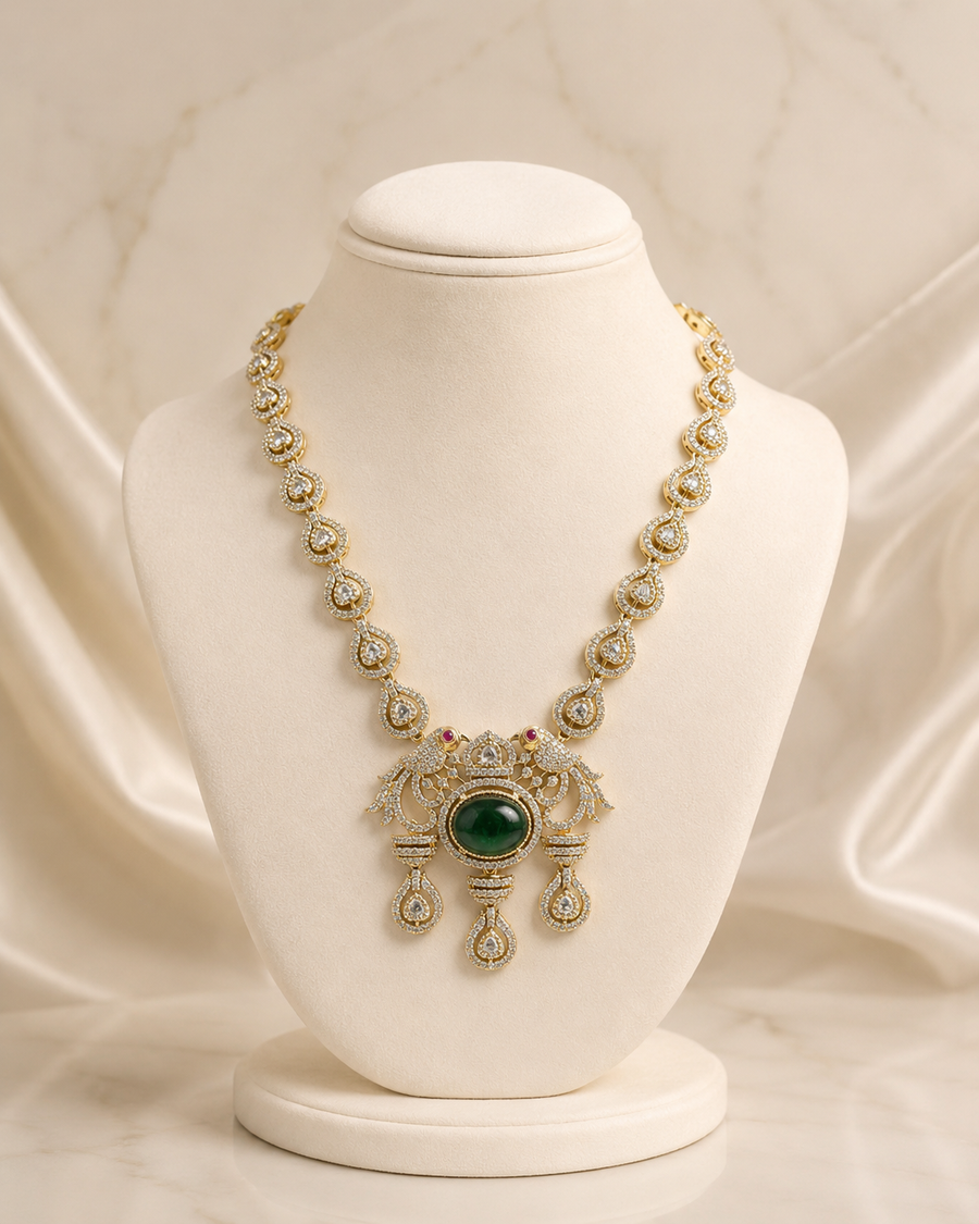 Regal Emerald Green Peacock Motif Long Necklace Set with Traditional Kundan