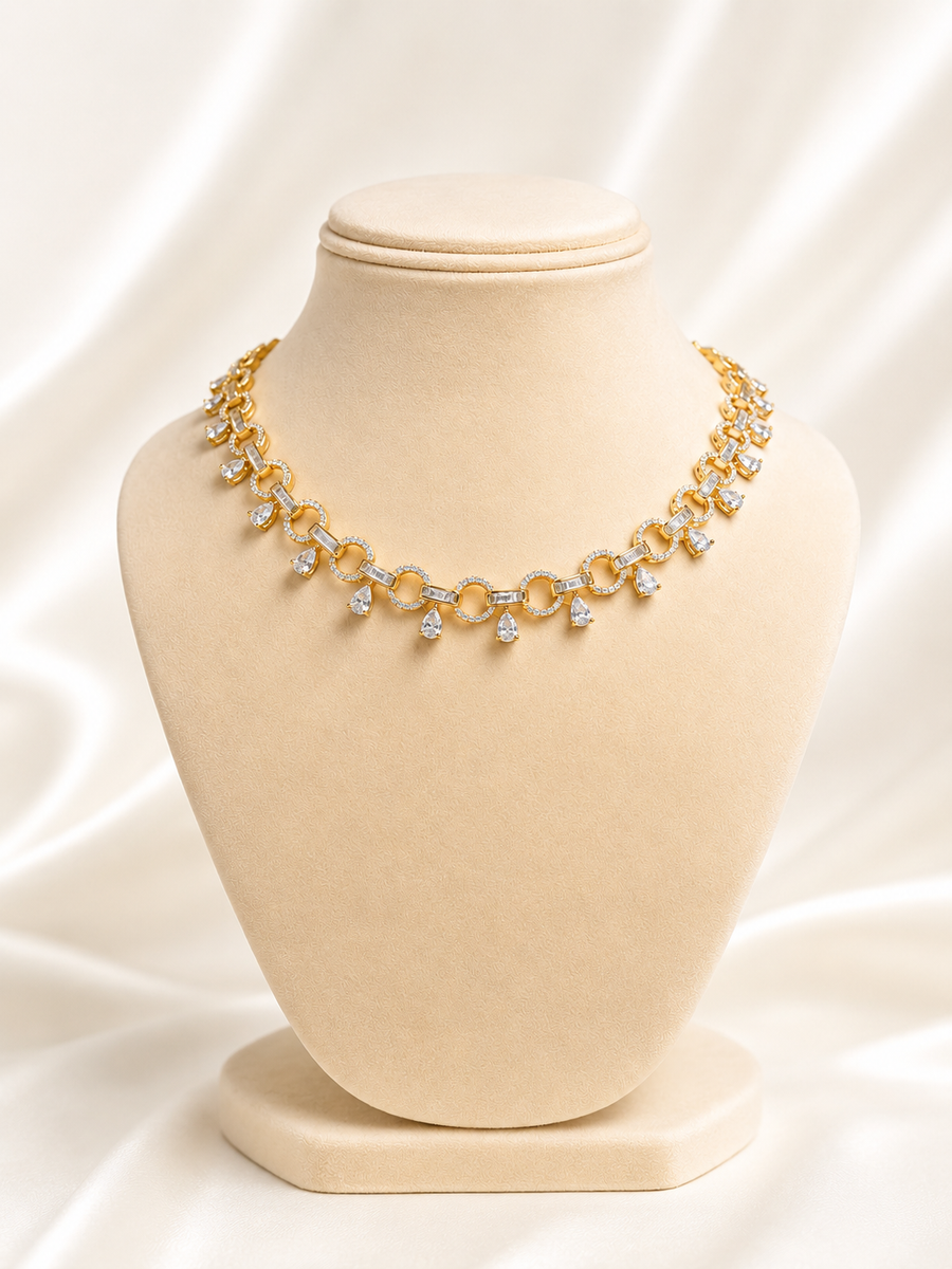Exquisite Gold-Plated Circular Link Necklace with Shimmering Pear Drops