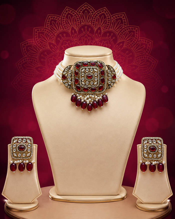 Premium Ruby Red Kundan Choker Set with Pearl Layers