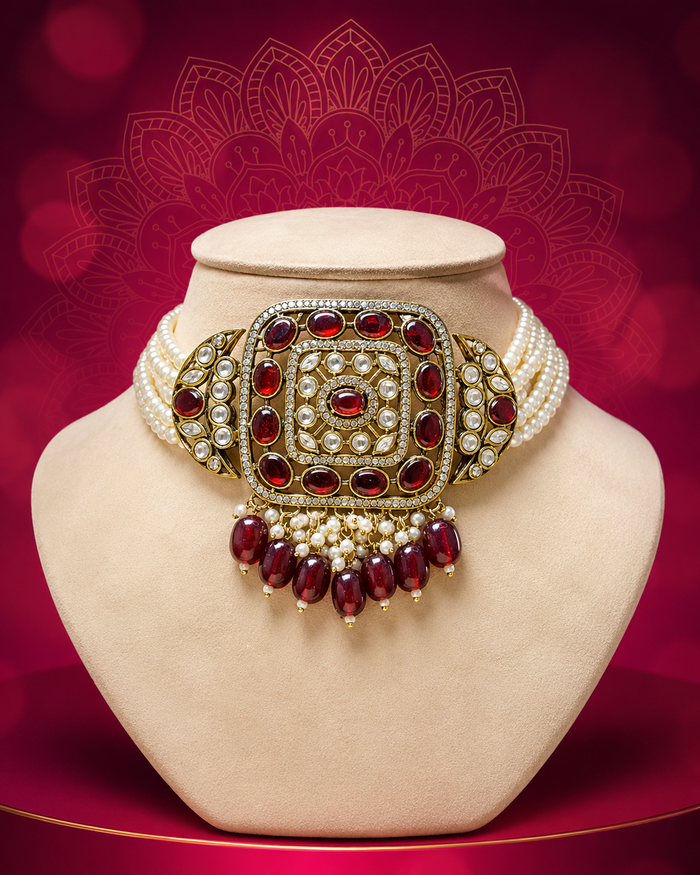 Premium Ruby Red Kundan Choker Set with Pearl Layers - alternate view