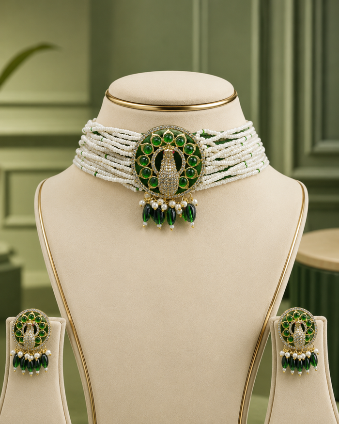 Premium Emerald Pearl Choker Set with Earrings - alternate view