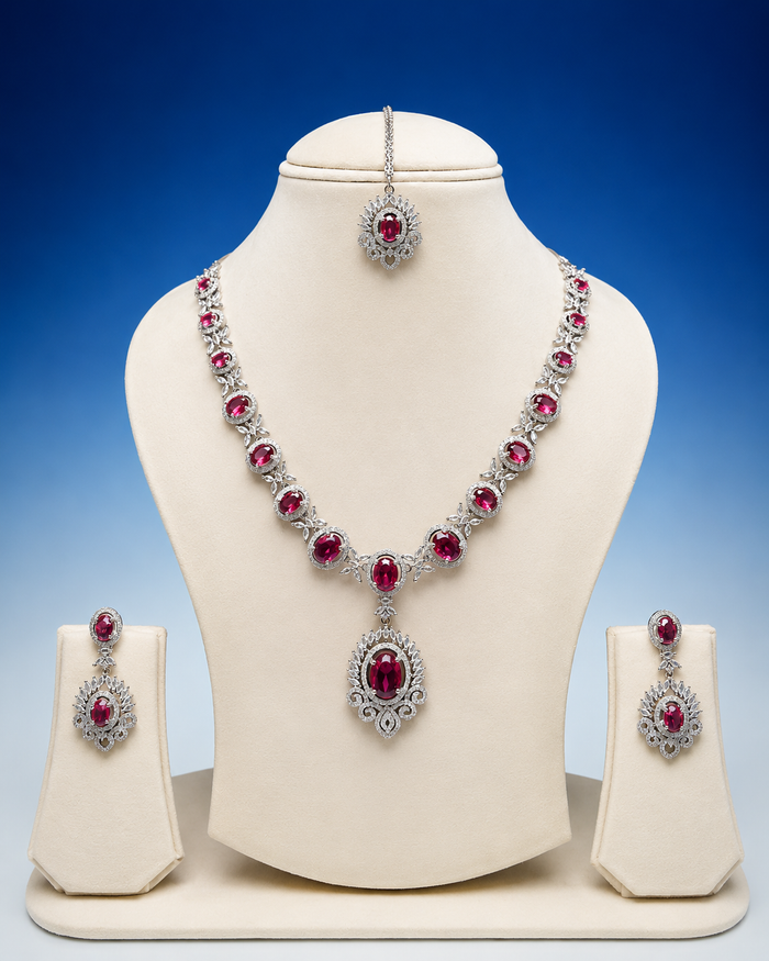 Premium Ruby Red Stone Necklace Set with Maang Tikka