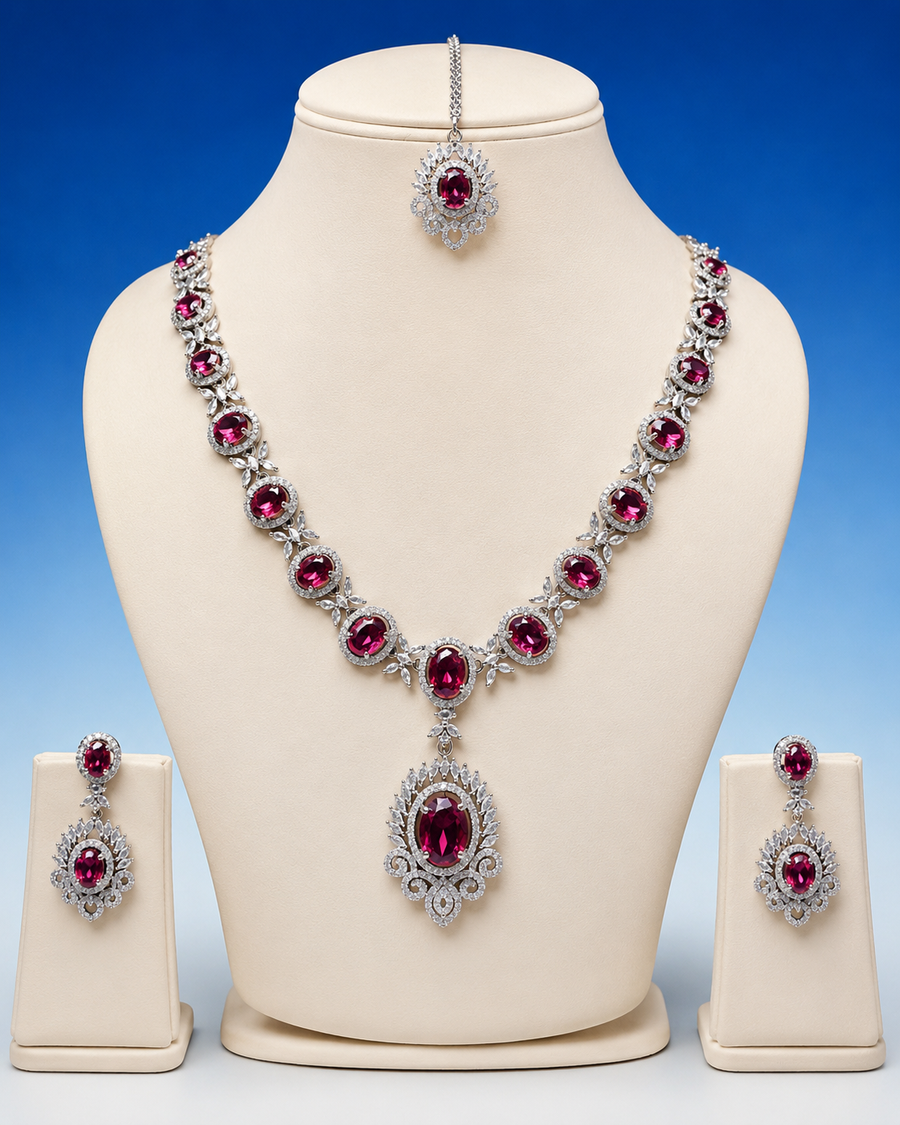 Premium Ruby Red Stone Necklace Set with Maang Tikka