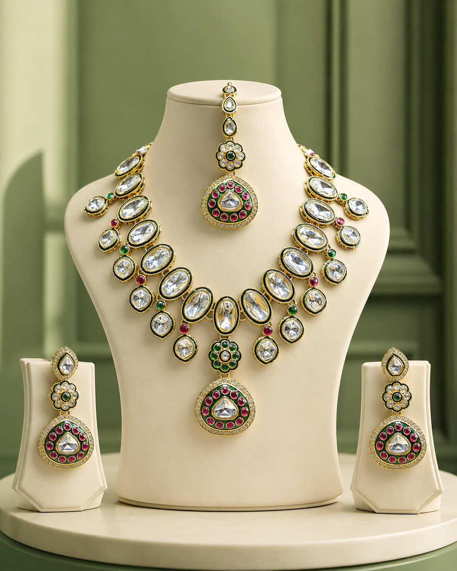 Premium Layered Kundan Necklace Set with Maang Tikka