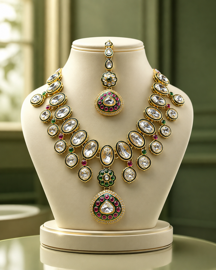 Premium Layered Kundan Necklace Set with Maang Tikka - alternate view