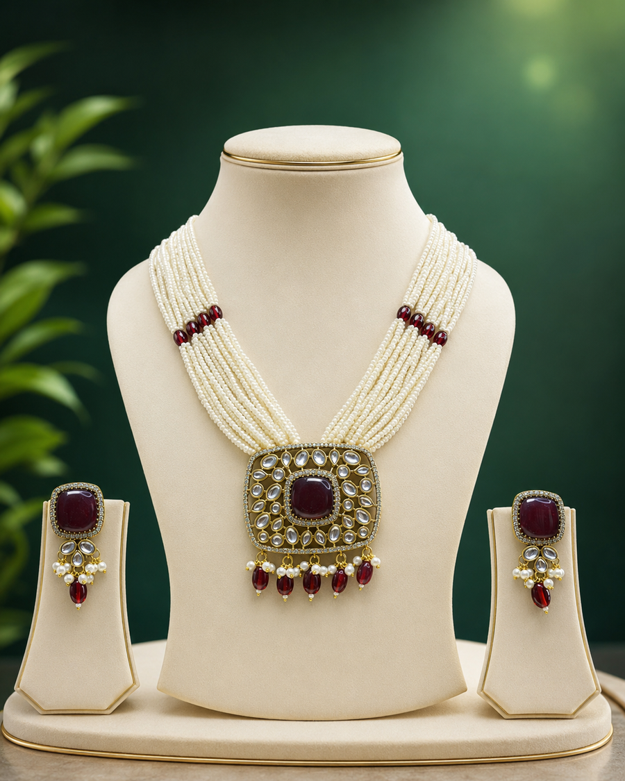 Premium Multi-Layer Pearl Necklace Set with Ruby Stone Pendant