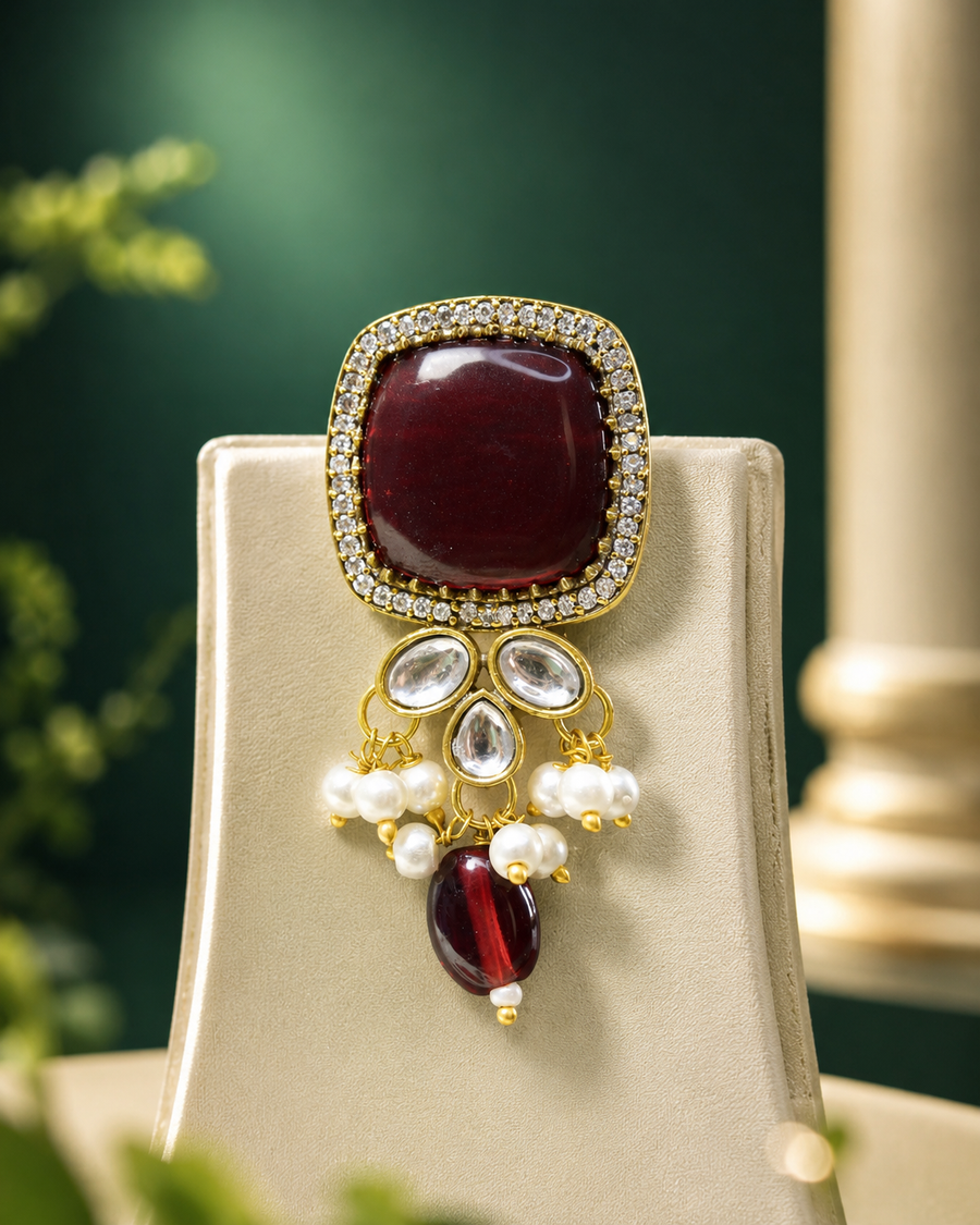 Premium Multi-Layer Pearl Necklace Set with Ruby Stone Pendant