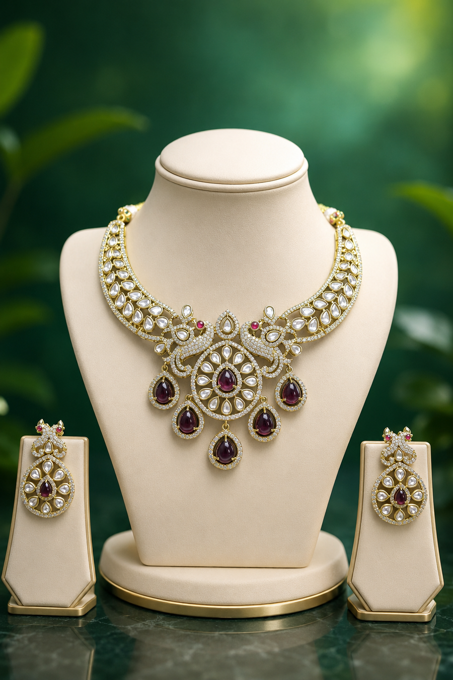 Premium Ruby Stone Peacock Design Necklace Set with Earrings