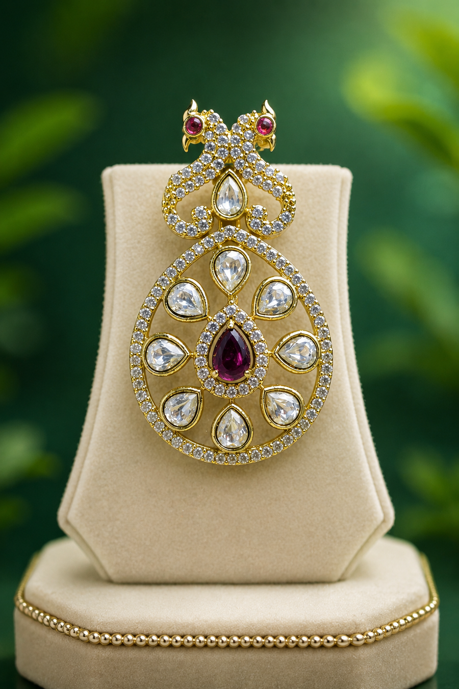 Premium Ruby Stone Peacock Design Necklace Set with Earrings