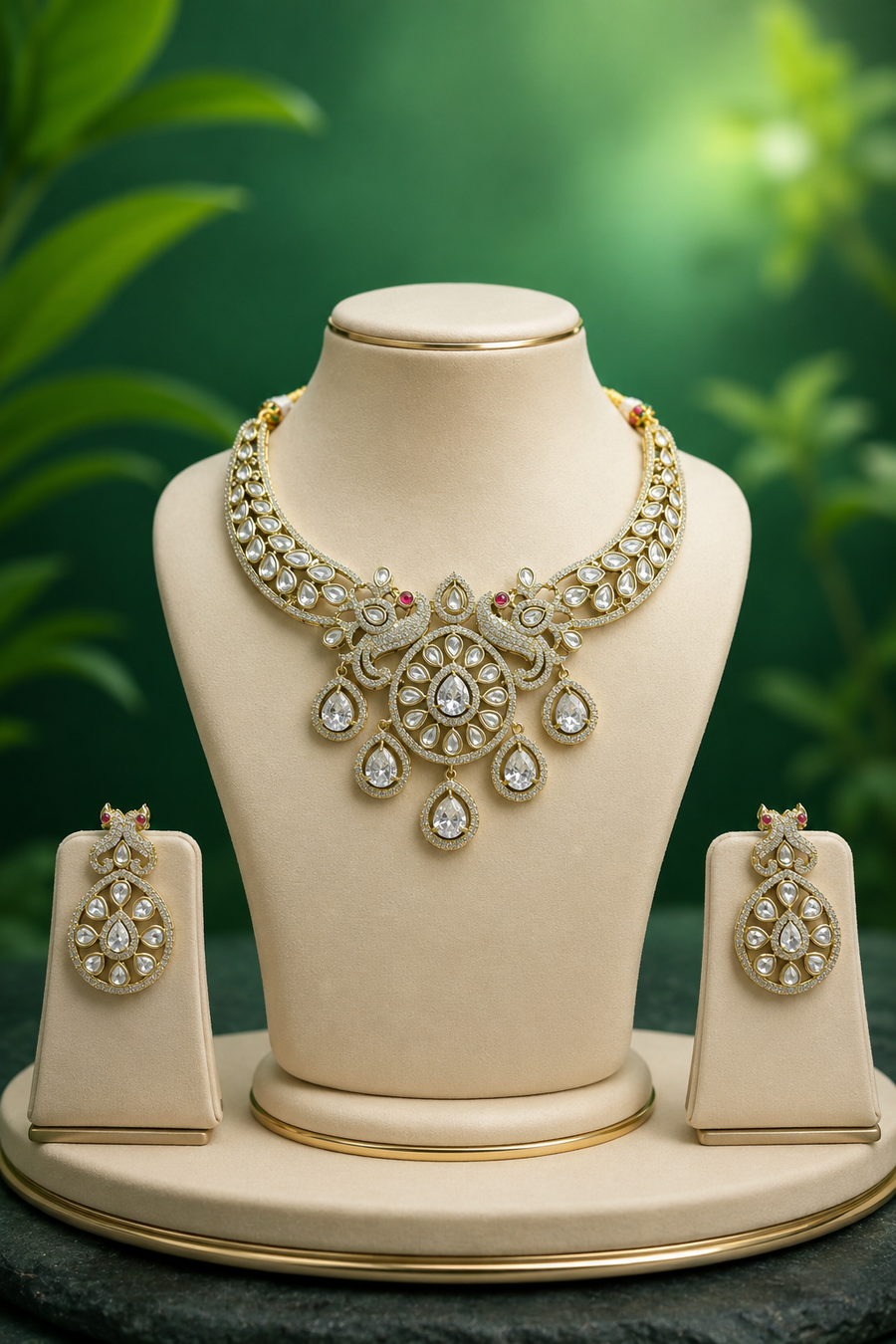 Premium White Stone Peacock Design Necklace Set with Earrings