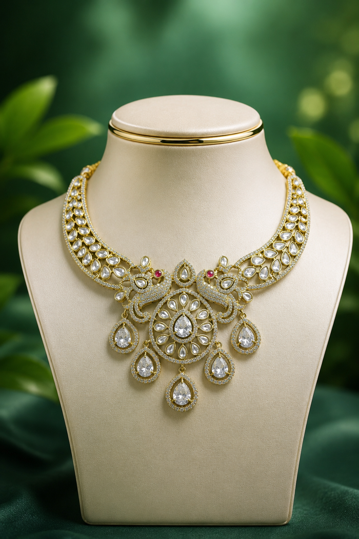 Premium White Stone Peacock Design Necklace Set with Earrings - alternate view
