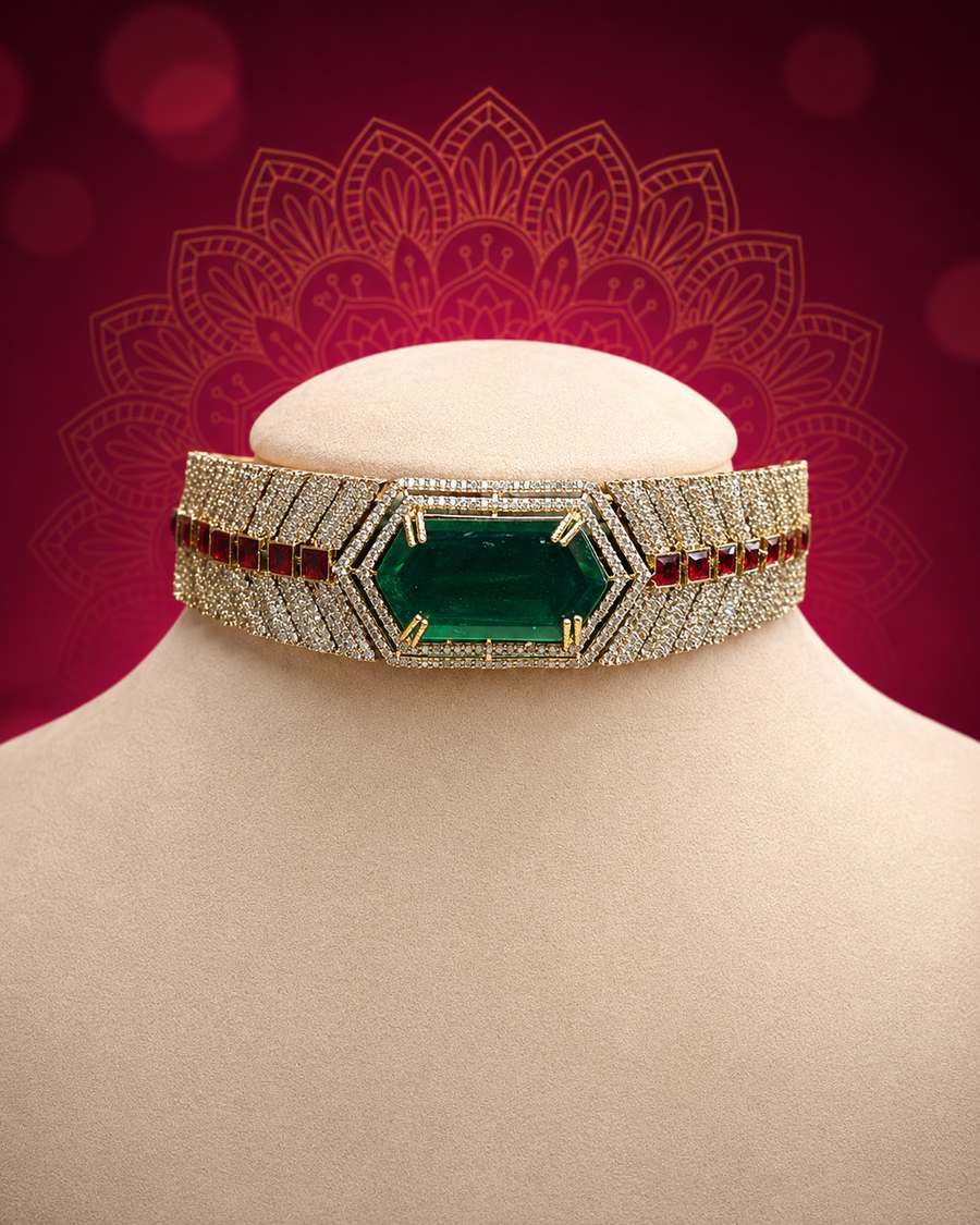 Premium Emerald Green Choker Necklace Set with Earrings