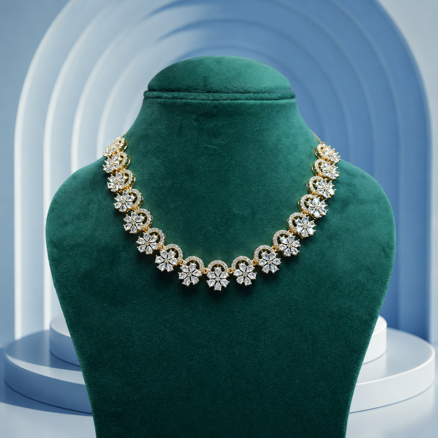 Premium Floral Diamond-Style Necklace Set with Earrings