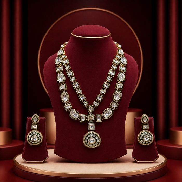Premium Dual Layer Kundan Necklace Set with Earrings