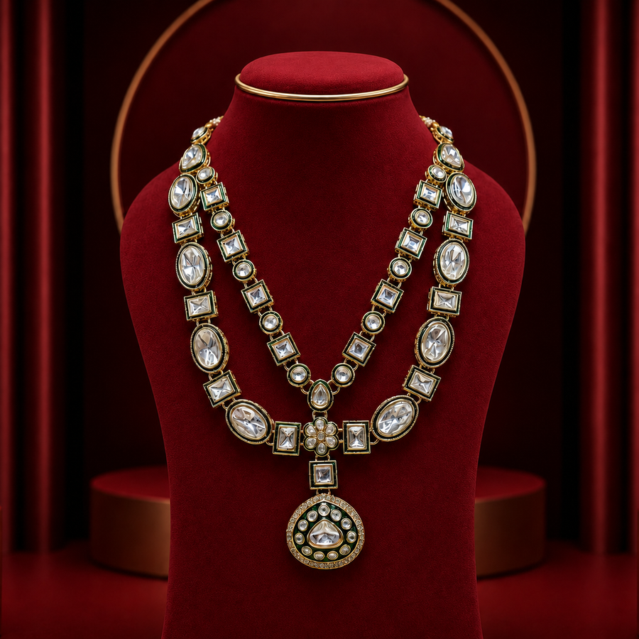 Premium Dual Layer Kundan Necklace Set with Earrings