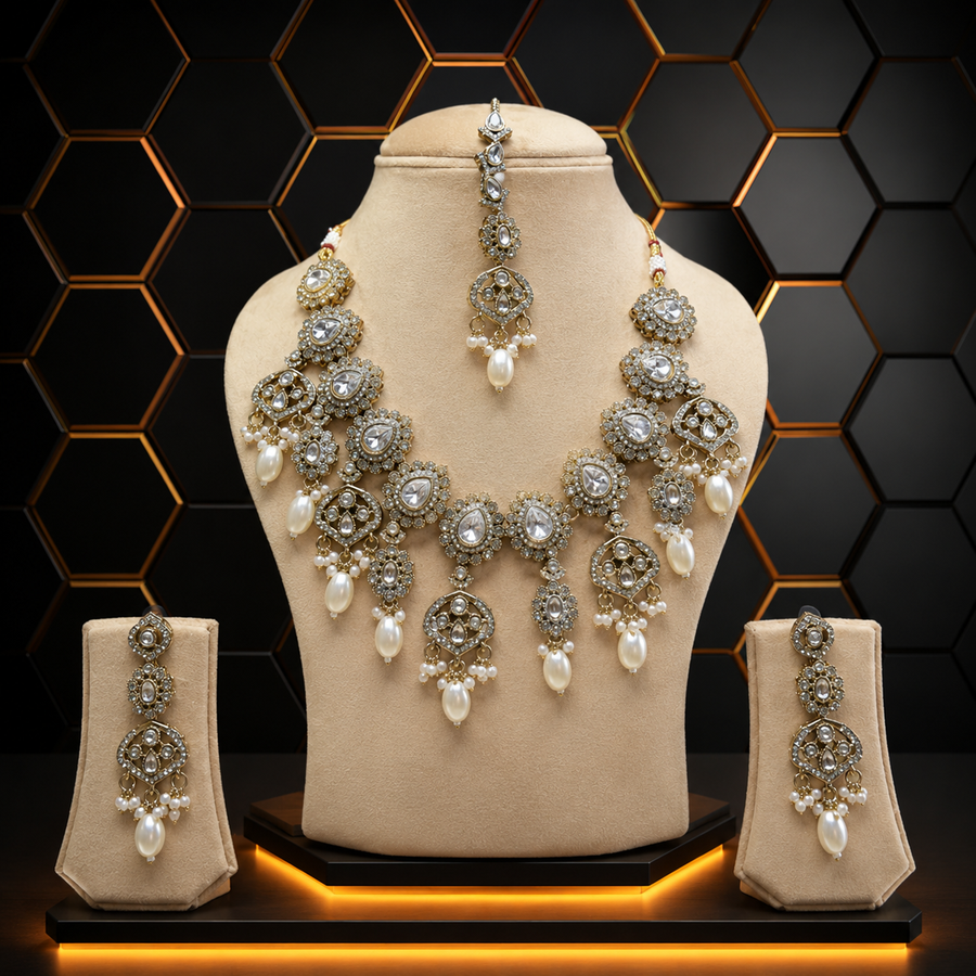 Premium Kundan Pearl Drop Necklace Set with Maang Tikka
