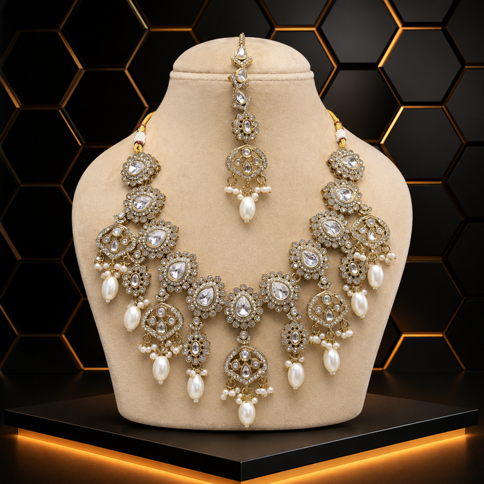 Premium Kundan Pearl Drop Necklace Set with Maang Tikka - alternate view