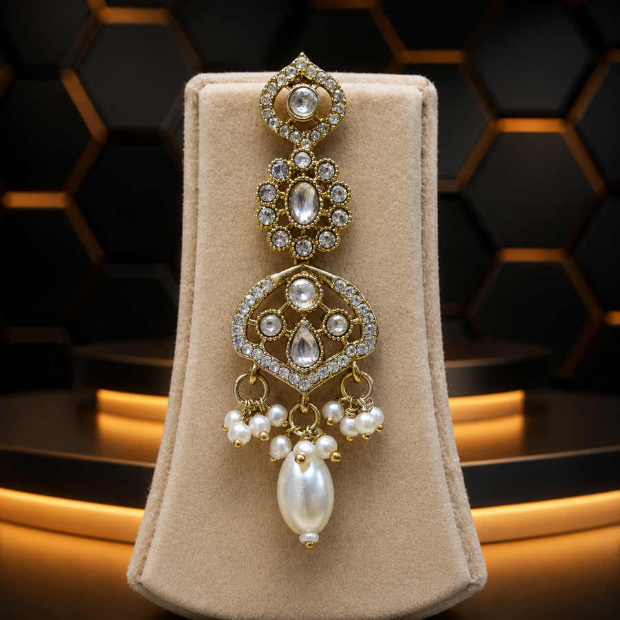 Premium Kundan Pearl Drop Necklace Set with Maang Tikka