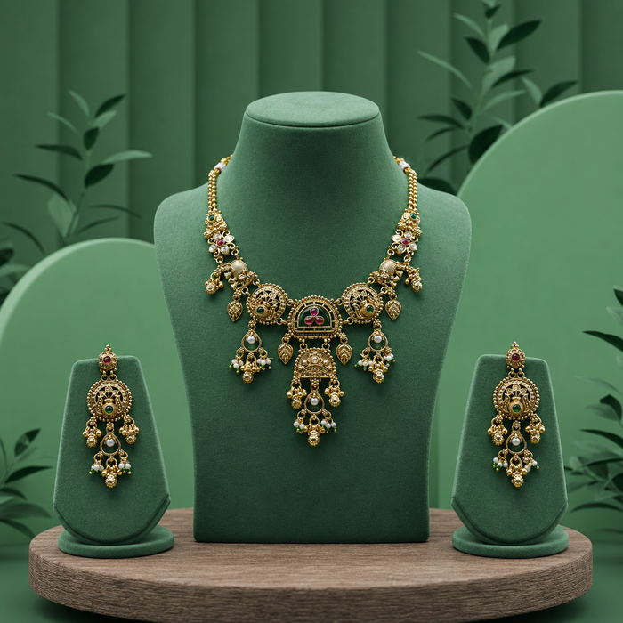Traditional Temple Style Gold Necklace Set with Earrings