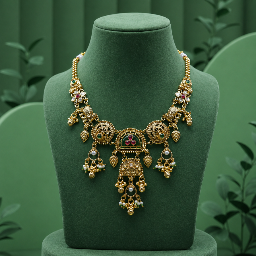 Traditional Temple Style Gold Necklace Set with Earrings