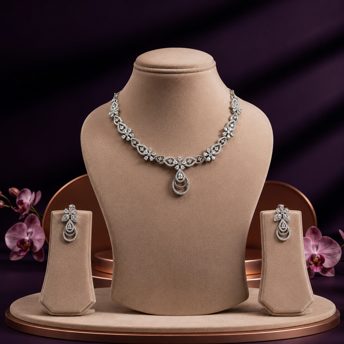 Delicate Silver Stone Necklace Set with Earrings