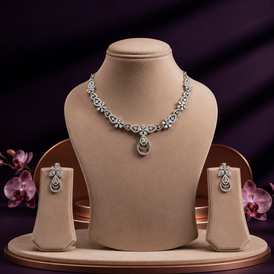 Delicate Silver Stone Necklace Set with Earrings