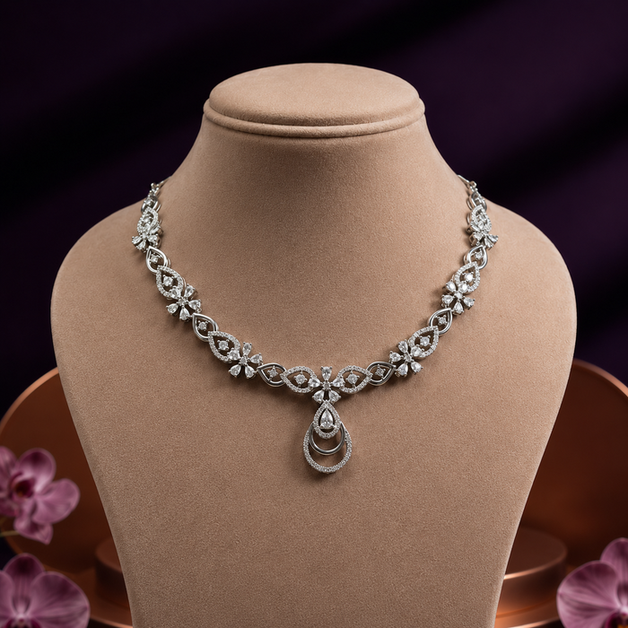 Delicate Silver Stone Necklace Set with Earrings - alternate view