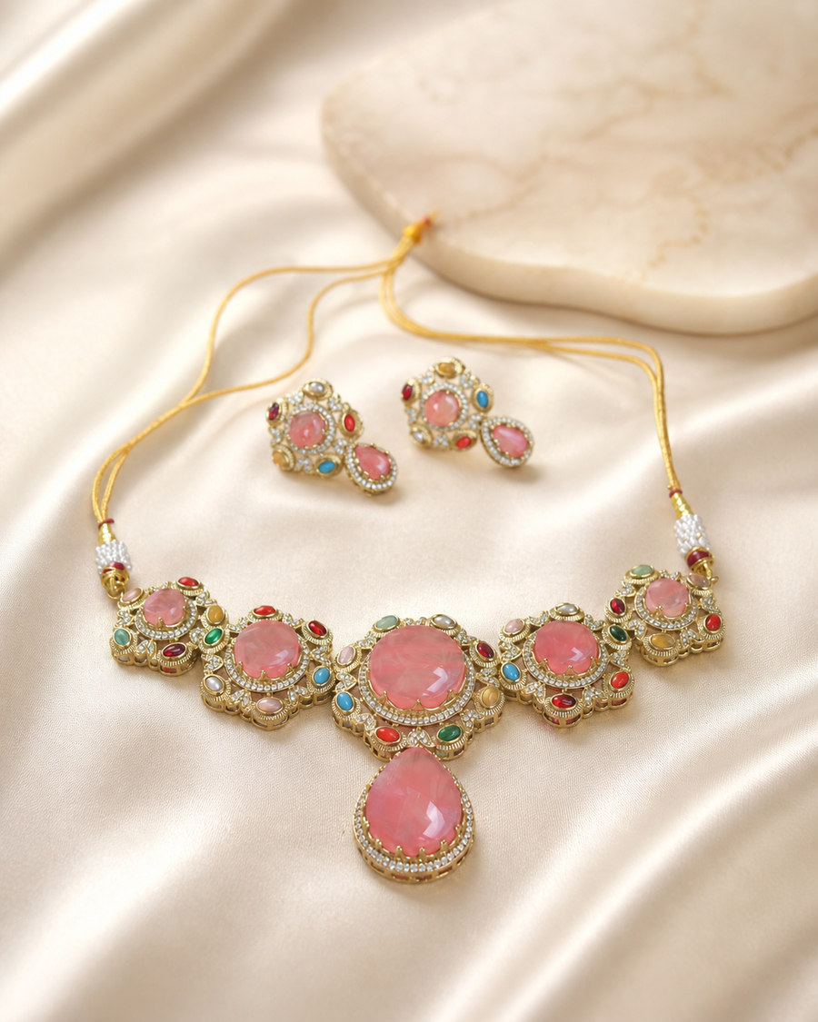 Peach Stone Designer Necklace Set with Earrings