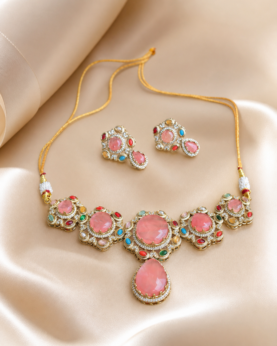 Peach Stone Designer Necklace Set with Earrings