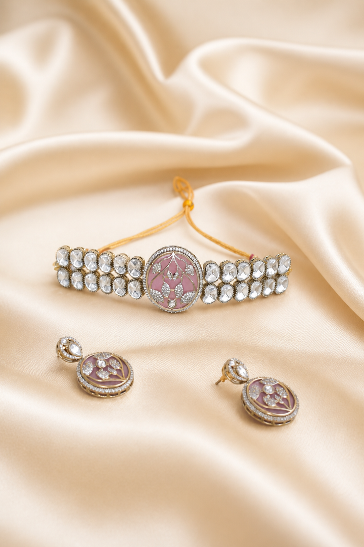 Elegant Pink Kundan Choker Set with Earrings