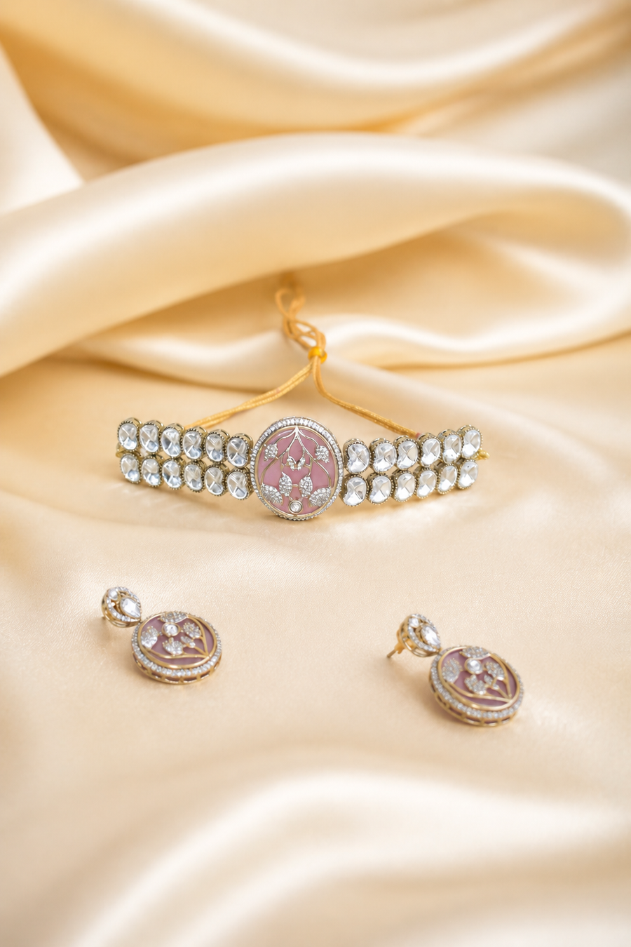 Elegant Pink Kundan Choker Set with Earrings