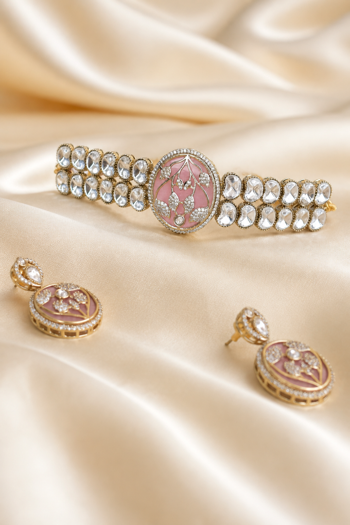 Elegant Pink Kundan Choker Set with Earrings